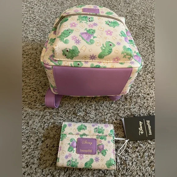 Loungefly Disney Tangled Rapunzel & Pascal Flowers AOP Mini Backpack & Wallet